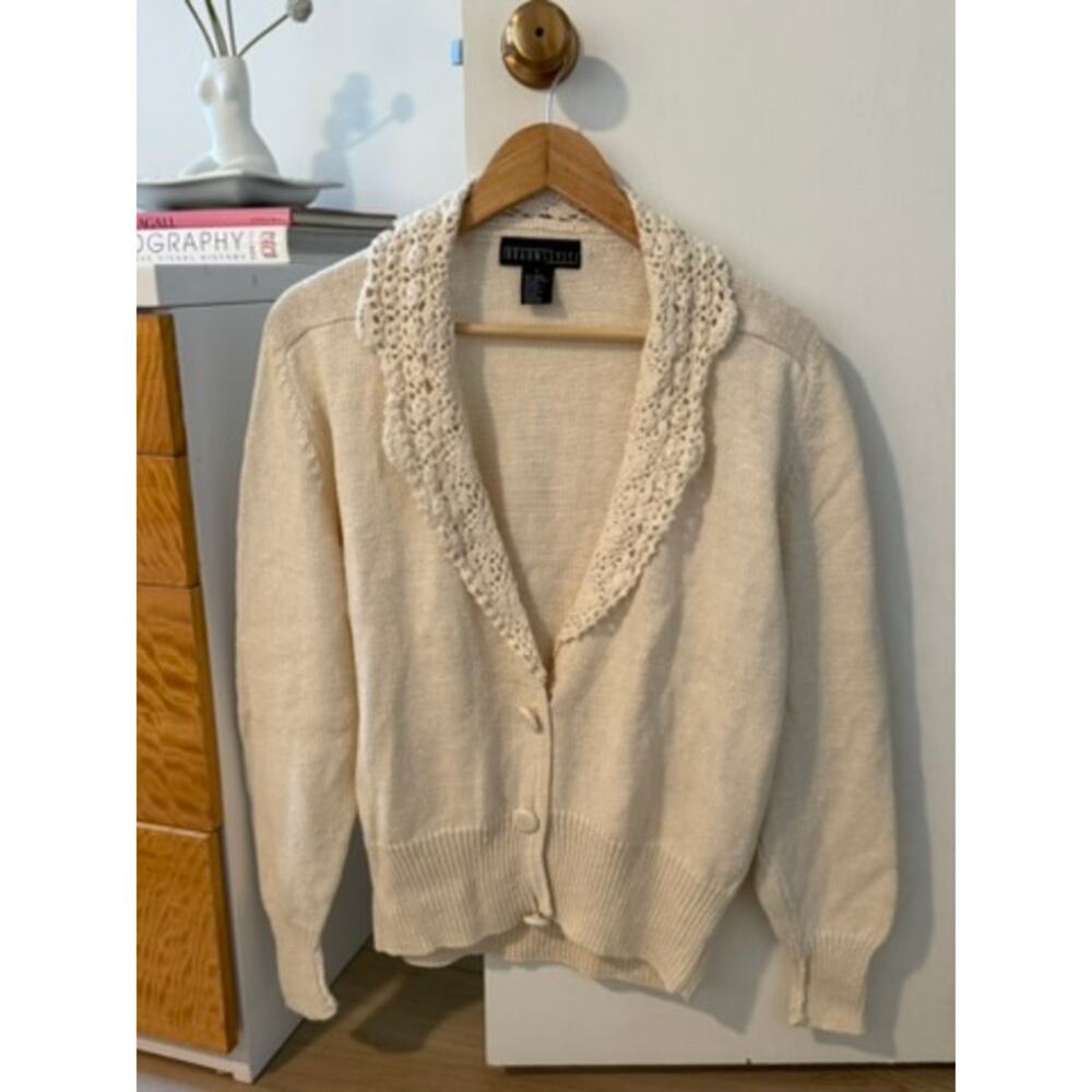 Vintage‎ Braunstyle Crochet Collar Cream Cardigan Sweater 🤍